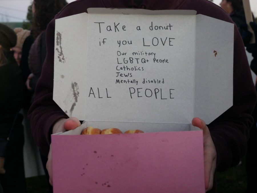 People+gather+across+campus+in+protest+against+the+ideas+of+Westboro+Baptist+Church+who+came+to+Thousand+Oaks+High+School+on+Feb.+11.