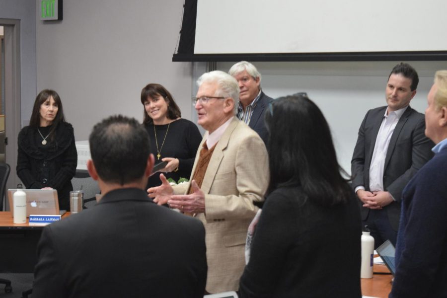 Manny+Fischman+recognized+at+February+board+meeting+by+Board+of+Education+members+Tony+Knight%2C+Denise+Helfstein%2C+Barbara+Laifman%2C+Drew+Hazelton%2C+Allen+Rosen+and+Derek+Ross.