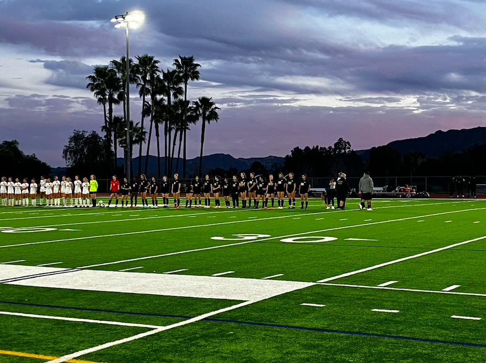 Girls soccer players lining up at the beginning of the game.