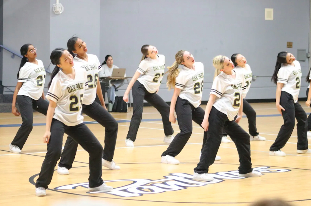 Dancers perform a spectacular group number for the audience.