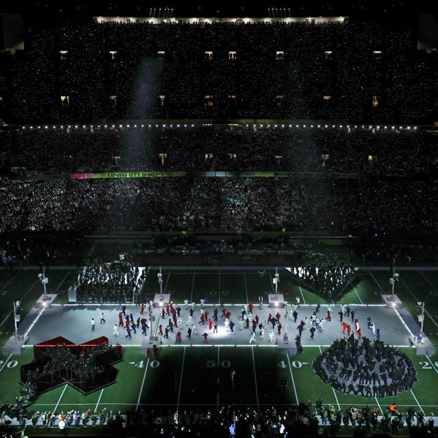 Dancers in formation of X’s, O’s, square and triangle shapes