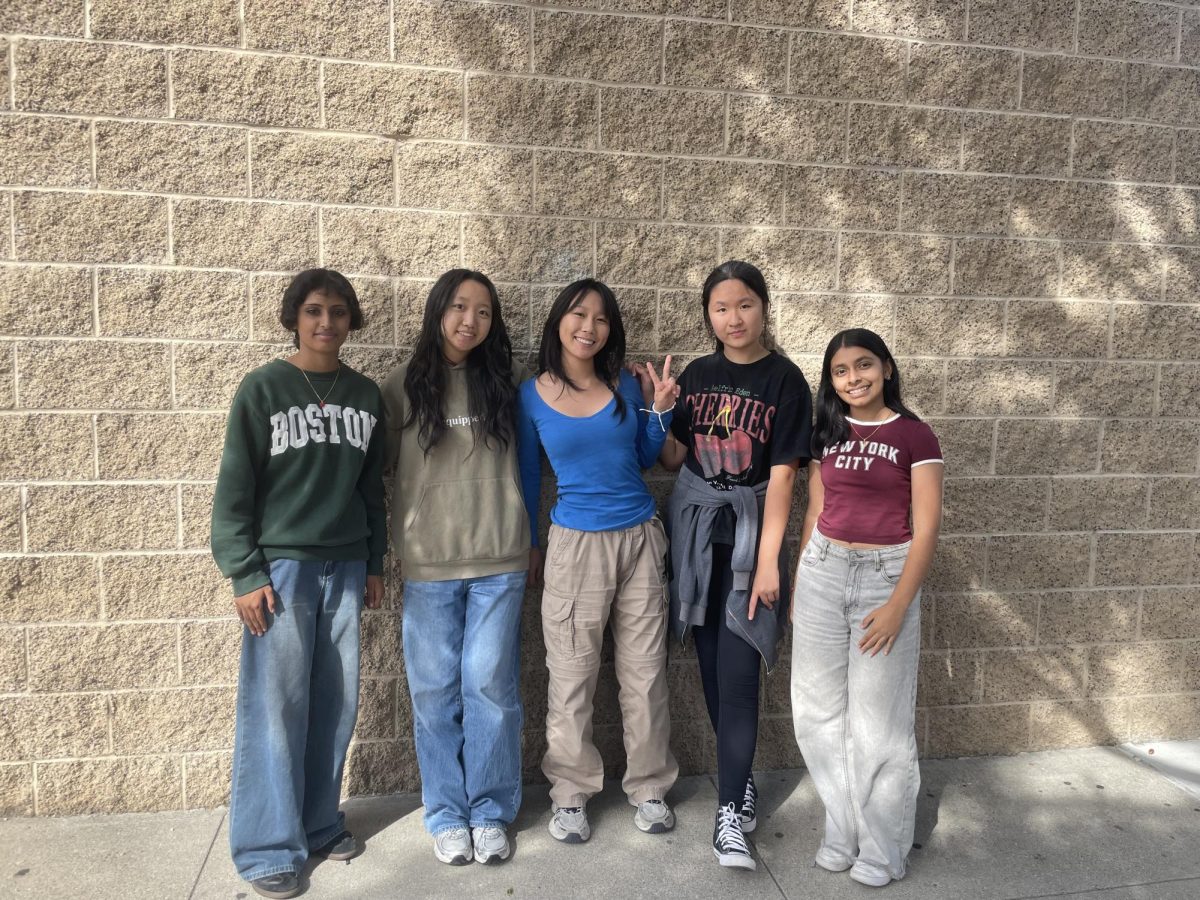 DFD board members from left to right: sophomore Uma Saighal, sophomore Claire Kim, sophomore Sandra He, sophomore Kathy Tang, and sophomore Anvi Sharma (Photo by Sandra He/OPHS)